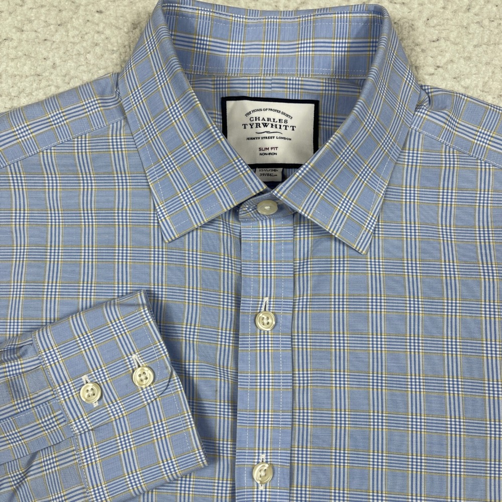 Charles Tyrwhitt Button Down Mens 15.5 Blue Slim Non Iron Plaid Dapper Office